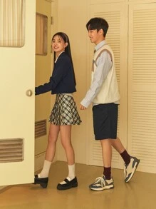 DAZY 1 chiếc áo khoác blazer ngắn cổ ve áo cài nút đôi thêu chữ trang phục công sở - Màu xanh hải quân - Xem 23