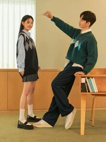 DAZY 1pc Letter Patched Argyle Pattern Sweater Vest Without Blouse - Black - View 3