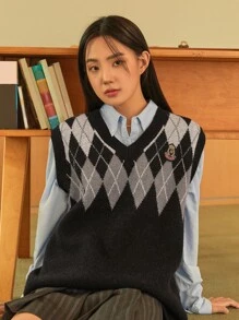 DAZY 1pc Letter Patched Argyle Pattern Sweater Vest Without Blouse - Black - View 15
