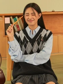 DAZY 1pc Letter Patched Argyle Pattern Sweater Vest Without Blouse - Black - View 16