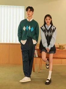 DAZY 1pc Letter Patched Argyle Pattern Sweater Vest Without Blouse - Black - View 17