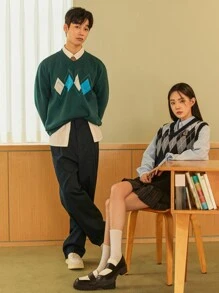 DAZY 1pc Letter Patched Argyle Pattern Sweater Vest Without Blouse - Black - View 18