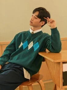 DAZY 1pc Letter Patched Argyle Pattern Sweater Vest Without Blouse - Black - View 20