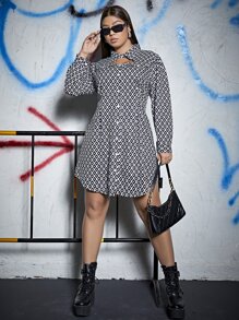 SHEIN LUNE Plus Heart & Geo Cut Out Front Shirt Dress - Black and White - View 6