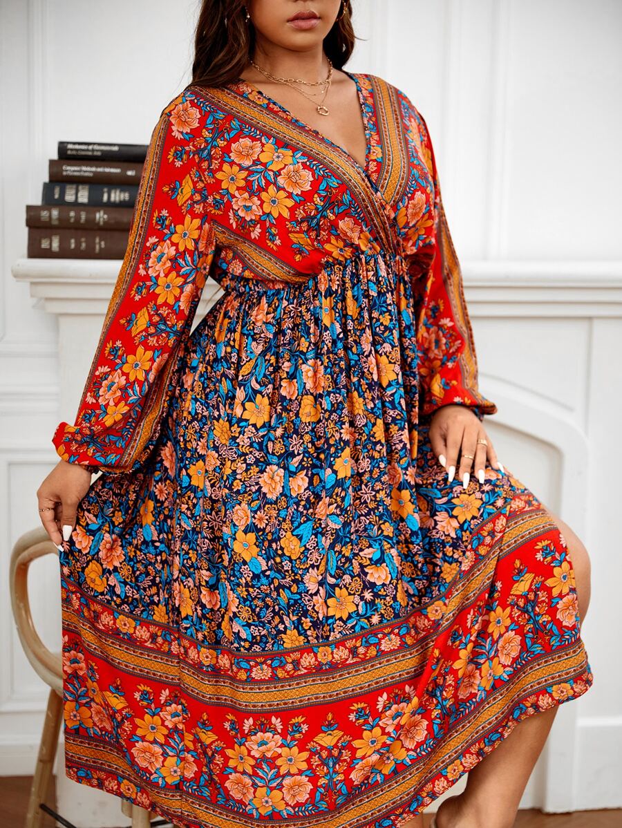 SHEIN Unity Plus Floral Print Lantern Sleeve Dress - Multicolor - View 1