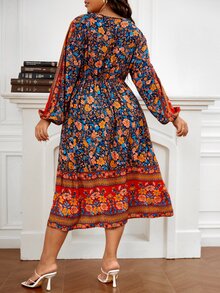 SHEIN Unity Plus Floral Print Lantern Sleeve Dress - Multicolor - View 2