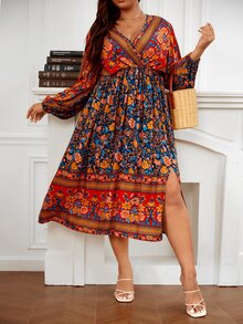 SHEIN Unity Plus Floral Print Lantern Sleeve Dress - Multicolor - View 3