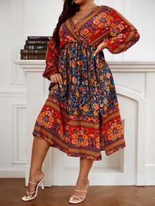 SHEIN Unity Plus Floral Print Lantern Sleeve Dress - Multicolor - View 4