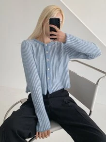 DAZY Striped Pattern Button Up Cardigan - Baby Blue - View 1