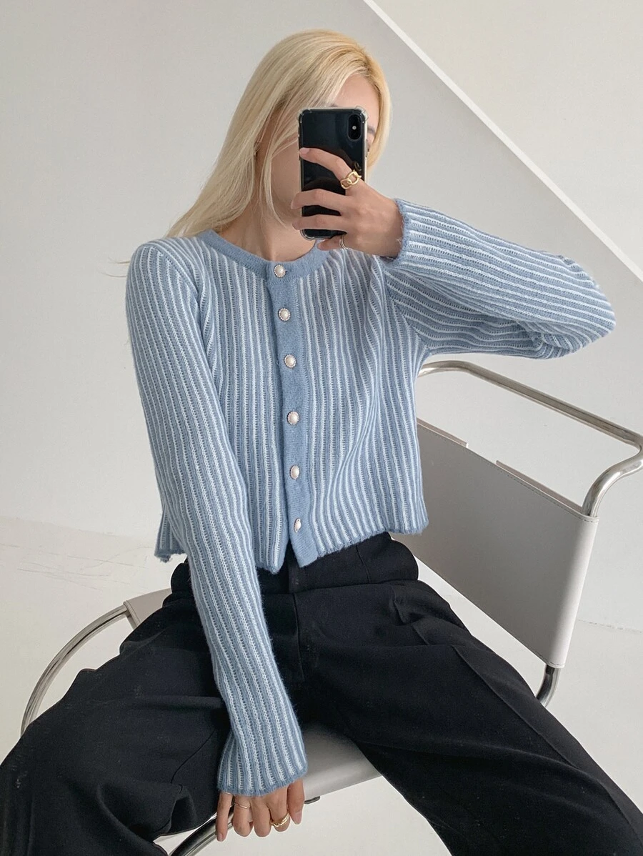 DAZY Striped Pattern Button Up Cardigan - Baby Blue - View 1