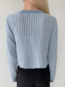 DAZY Striped Pattern Button Up Cardigan - Baby Blue - View 2