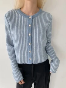 DAZY Striped Pattern Button Up Cardigan - Baby Blue - View 4