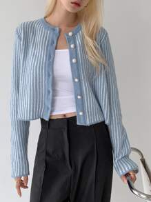 DAZY Striped Pattern Button Up Cardigan - Baby Blue - View 3