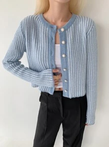 DAZY Striped Pattern Button Up Cardigan - Baby Blue - View 8