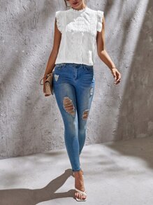 SHEIN Tall Blusa con bordado con ojal ribete con fruncido - Blanco - Ver 5