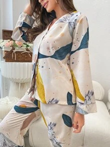 Conjunto de pijama pájaro & con estampado de hoja - Multicolor - Ver 4