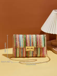1 件女士波西米亚风格拼色编织磁扣斜挎方形包，奢华别致的设计 - 彩色 - 查看 7
