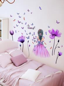 1 set Pegatinas de pared de mariposas y flores moradas de gran tamaño para niñas, decoración de dormitorio, pegatinas, vinilos decorativos para el hogar, artículos de decoración de primavera para refrescar tu hogar, pegatinas de decoración de ramas - Multicolor - Ver 2