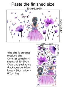 1 set Pegatinas de pared de mariposas y flores moradas de gran tamaño para niñas, decoración de dormitorio, pegatinas, vinilos decorativos para el hogar, artículos de decoración de primavera para refrescar tu hogar, pegatinas de decoración de ramas - Multicolor - Ver 4