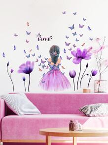 1 set Pegatinas de pared de mariposas y flores moradas de gran tamaño para niñas, decoración de dormitorio, pegatinas, vinilos decorativos para el hogar, artículos de decoración de primavera para refrescar tu hogar, pegatinas de decoración de ramas - Multicolor - Ver 5
