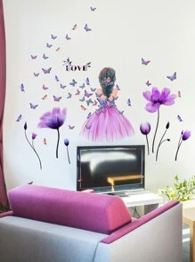1 set Pegatinas de pared de mariposas y flores moradas de gran tamaño para niñas, decoración de dormitorio, pegatinas, vinilos decorativos para el hogar, artículos de decoración de primavera para refrescar tu hogar, pegatinas de decoración de ramas - Multicolor - Ver 7
