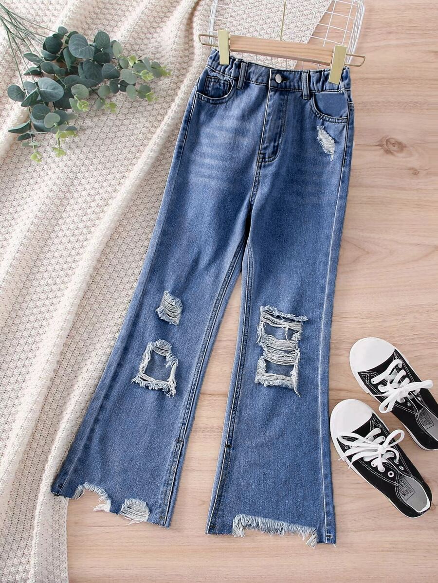 女孩破洞毛邊牛仔喇叭褲 - 中等水洗藍 - 查看 1