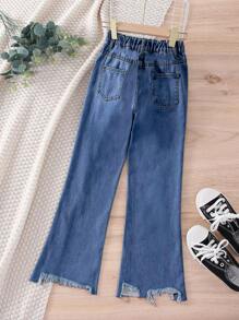 女孩破洞毛邊牛仔喇叭褲 - 中等水洗藍 - 查看 2