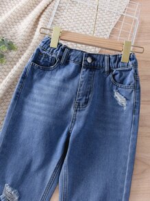 女孩破洞毛邊牛仔喇叭褲 - 中等水洗藍 - 查看 3