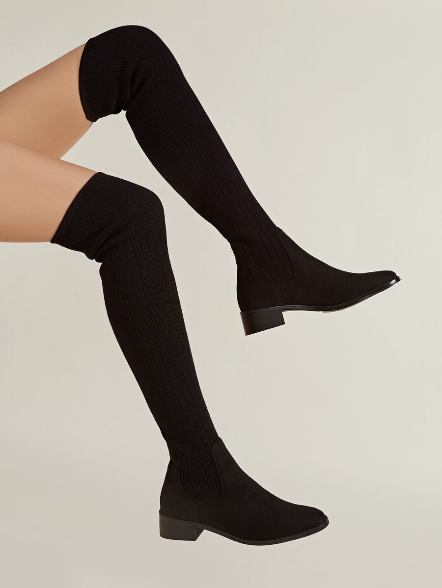 Suedette Point Toe Chunky Heeled Sock Boots - Black - View 1