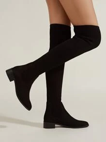 Suedette Point Toe Chunky Heeled Sock Boots - Black - View 2