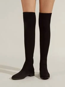 Suedette Point Toe Chunky Heeled Sock Boots - Black - View 3