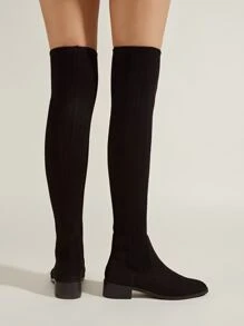 Suedette Point Toe Chunky Heeled Sock Boots - Black - View 4