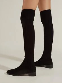 Suedette Point Toe Chunky Heeled Sock Boots - Black - View 5