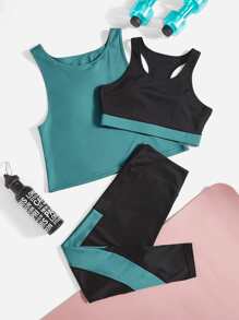 Plus 3pcs Racer Back Contrast Trim Sports Set - Multicolor - View 1