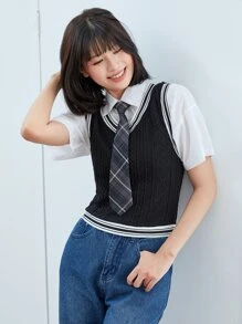 Muchica 女士学院风条纹短款毛衣上衣 - 黑色 - 查看 1