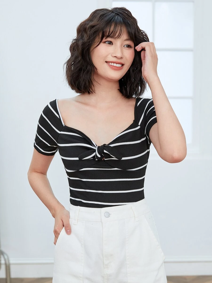Muchica T-shirt Simpul Rib-Knit Striped Casual - Hitam - View 1