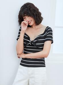 Muchica T-shirt Simpul Rib-Knit Striped Casual - Hitam - View 3