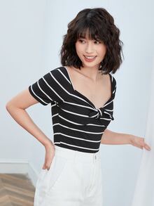 Muchica T-shirt Simpul Rib-Knit Striped Casual - Hitam - View 4