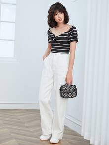Muchica T-shirt Simpul Rib-Knit Striped Casual - Hitam - View 5