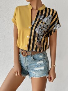 EMERY ROSE 花卉圖案和條紋印花蝙蝠袖襯衫 - 黃色 - 查看 3