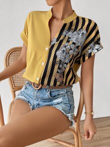 EMERY ROSE 花卉圖案和條紋印花蝙蝠袖襯衫 - 黃色 - 查看 4