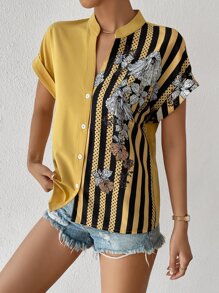 EMERY ROSE 花卉圖案和條紋印花蝙蝠袖襯衫 - 黃色 - 查看 5