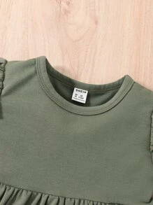 SHEIN Baby Girl Ruffle Trim Peplum Top & Floral Print Pants - Army Green - View 6