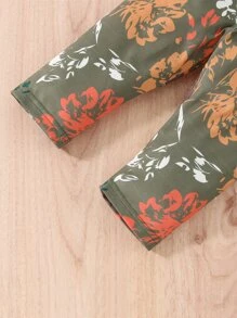 SHEIN Baby Girl Ruffle Trim Peplum Top & Floral Print Pants - Army Green - View 8