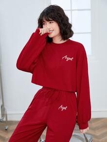 SHEIN EZwear Letter Graphic Pullover & Drawstring Joggers Set - Red - View 6