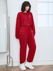 SHEIN EZwear Letter Graphic Pullover & Drawstring Joggers Set - Red - View 5