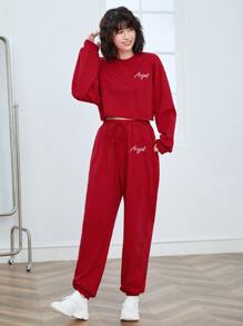 SHEIN EZwear Letter Graphic Pullover & Drawstring Joggers Set - Red - View 1
