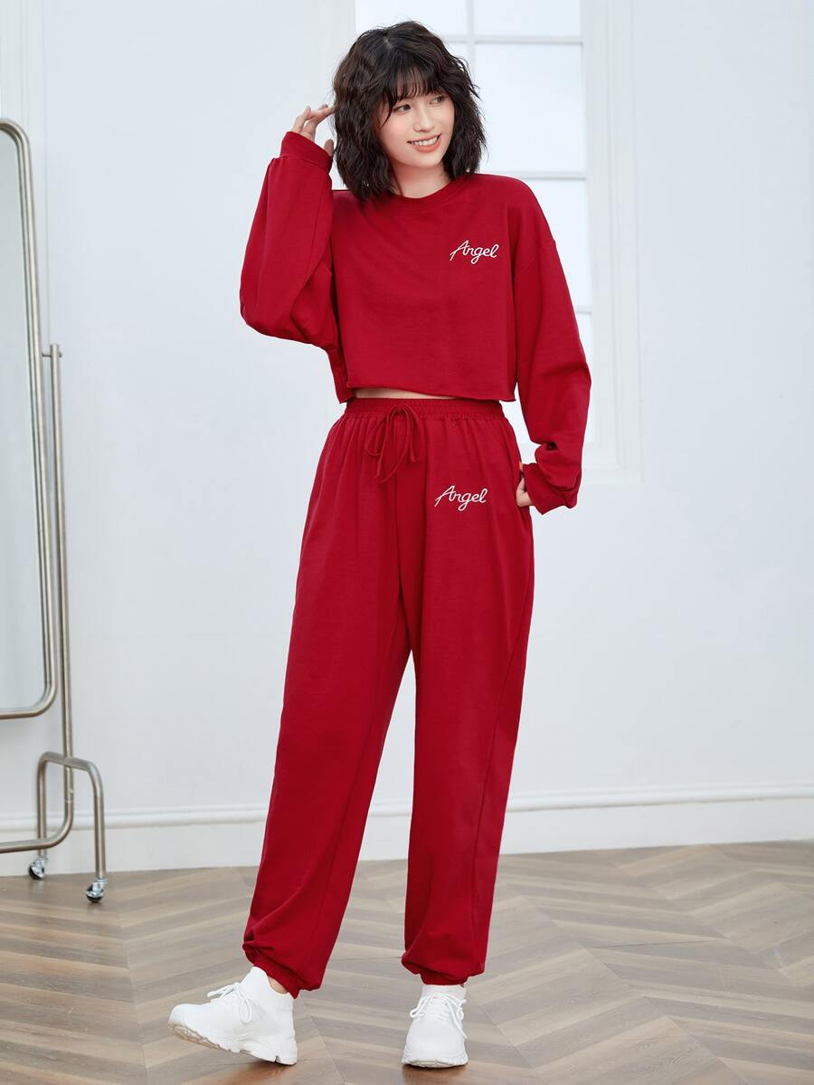 SHEIN EZwear Letter Graphic Pullover & Drawstring Joggers Set - Red - View 1