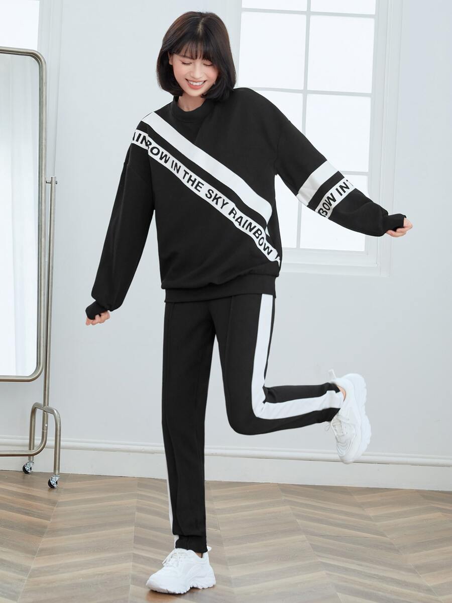 Mulvari Bộ đồ hai mảnh nữ Khối Màu Lá thư Thể thao - màu đen - Xem 1