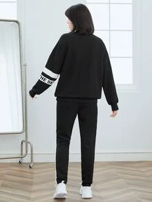 Mulvari Bộ đồ hai mảnh nữ Khối Màu Lá thư Thể thao - màu đen - Xem 2